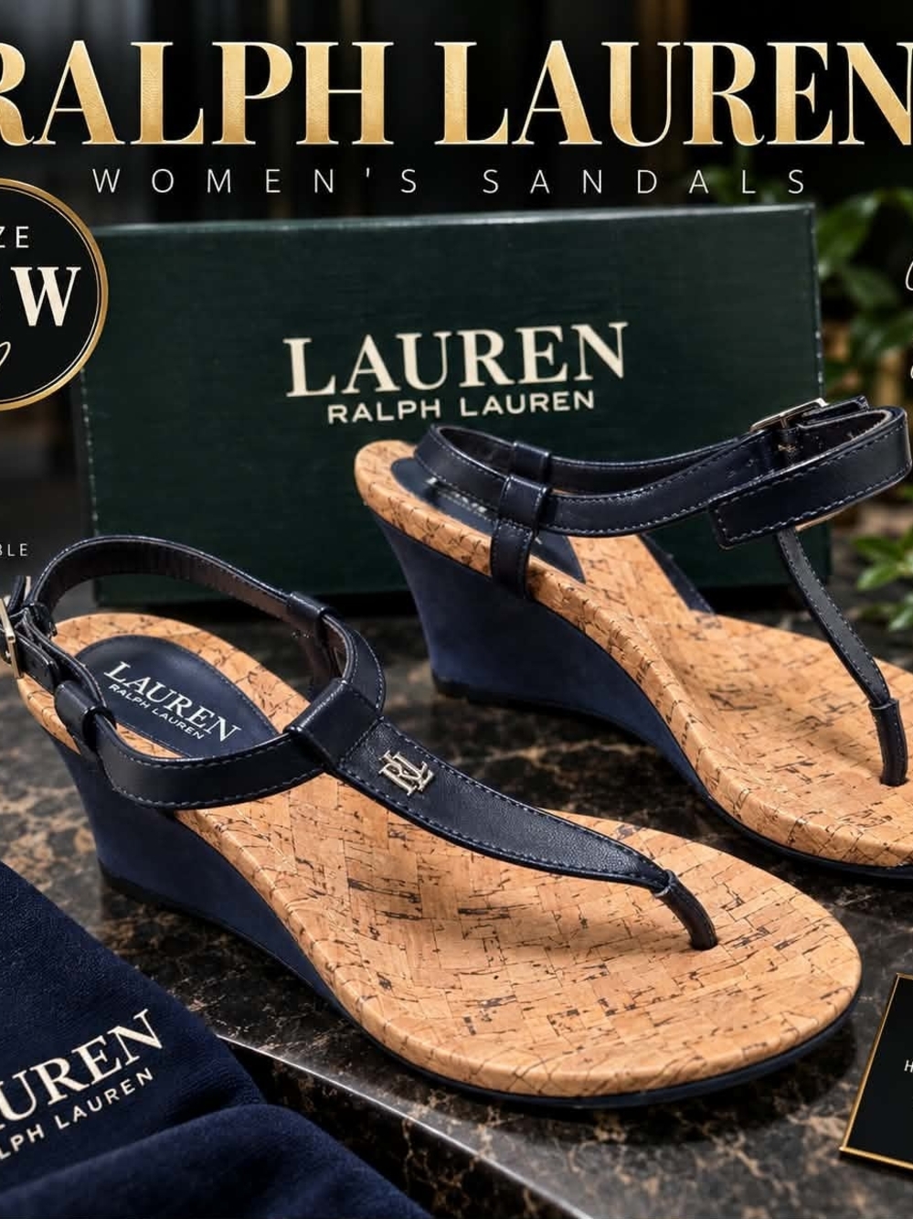 Lauren Ralph Lauren Navy Cork Wedge T‑Strap Sandals